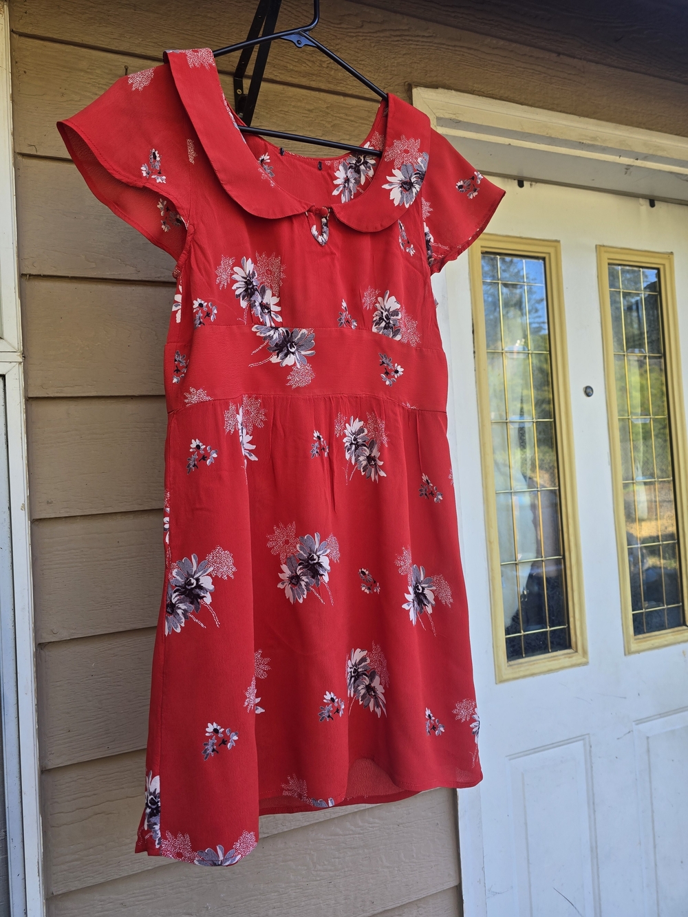 Women's Red Floral Dress with Peter Pan Collar - Small